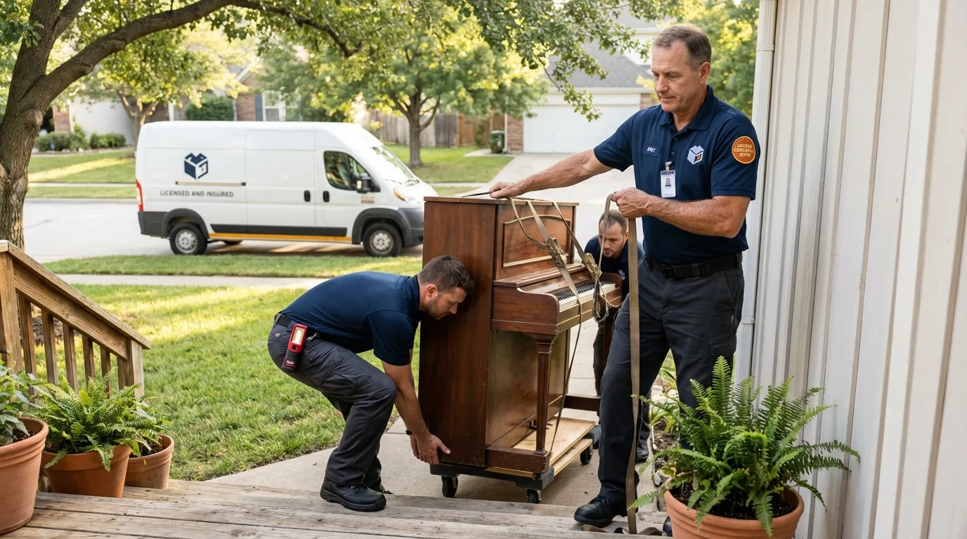 Licensed piano movers securing grand piano in Kew Gardens, NY
