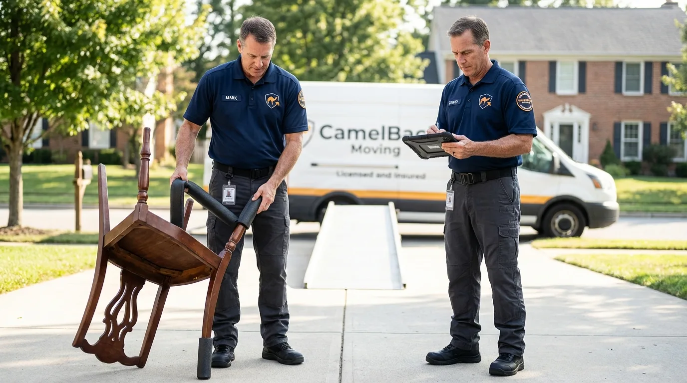 Movers inspecting furniture for damage prevention before loading in Kew Gardens, NY