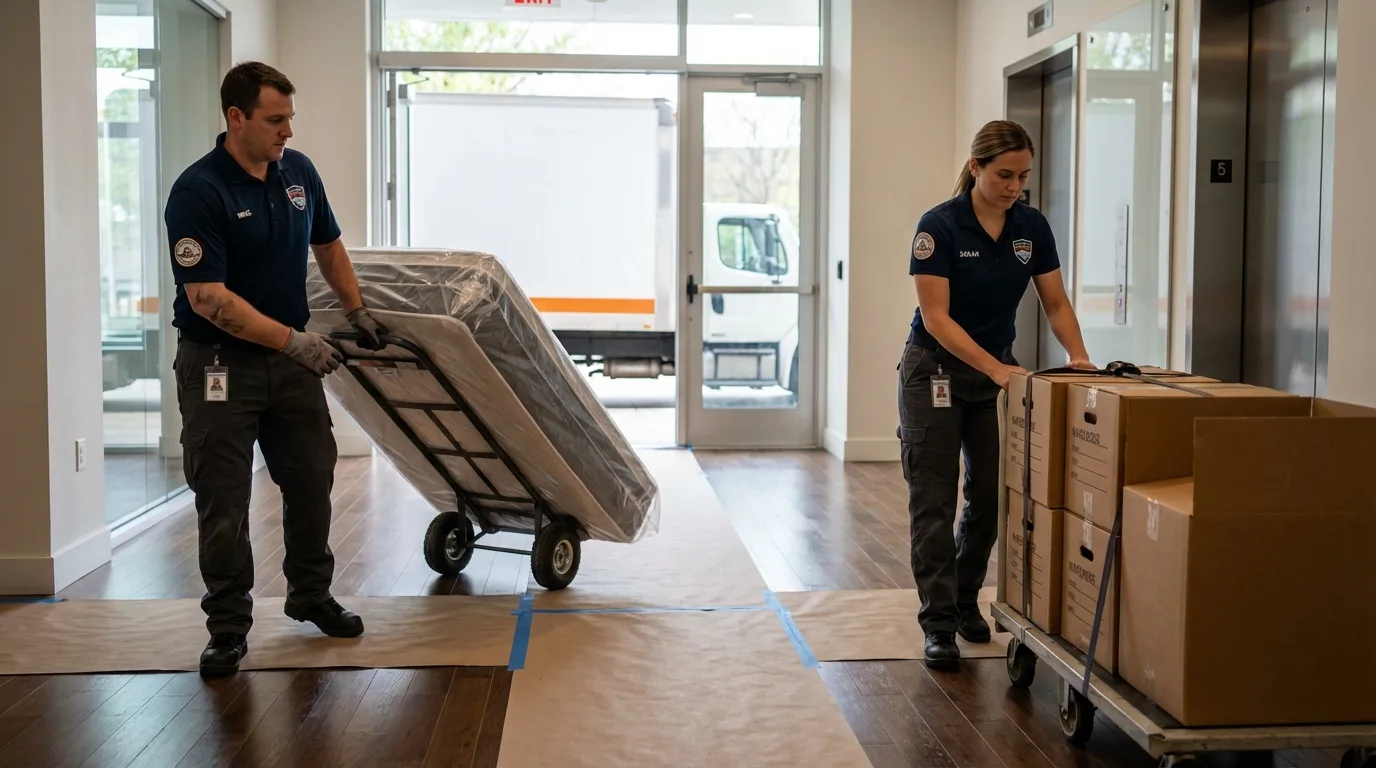 Professional apartment movers loading elevator in Kew Gardens, NY