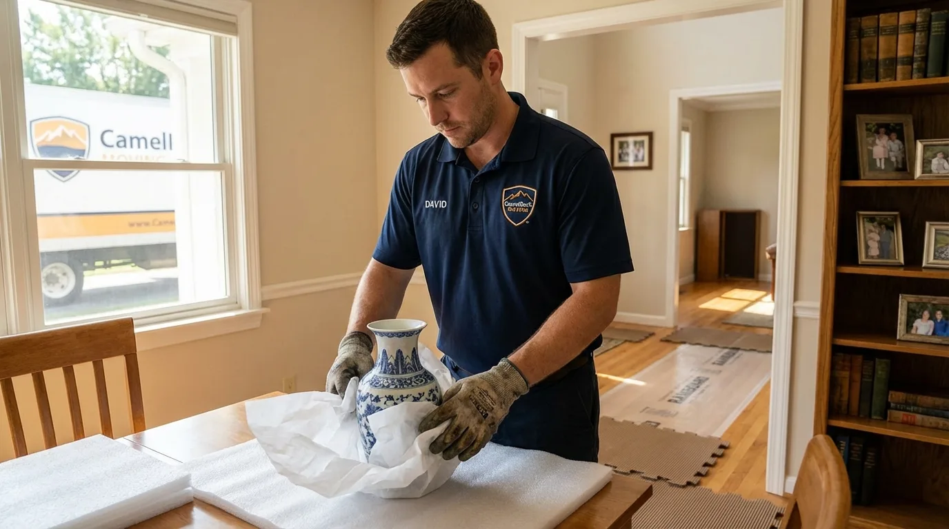 Professional crew carefully wrapping antique vase for senior downsizing move in Kew Gardens, NY